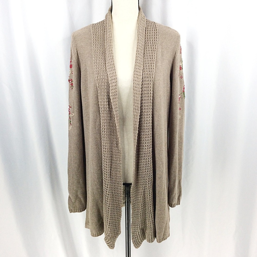 Belldini Open Front Embroidered Cardigan Sweater Women's Size Large Brown